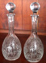 Pair Of Tall Etched Glass Decanters With Stoppers.