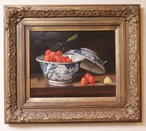 Vintage Signed Still Life Canvas Painting Featuring A Luscious Bowl Of Cherries In Embossed Gilded Frame