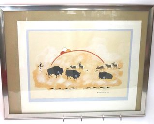 Framed Native American Print Of Kachina Warrior And Buffaloes Grazing Copyright Soe-Kuwa Pin 1975.