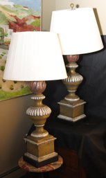 Pair Of Large Vintage Table Lamps With Silk Pleated Shades