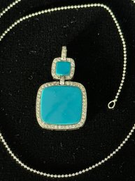 18K WG LIVELY TURQUOISE AND DIAMOND 2 TIER PENDANT W/ 14K WG 16' FINE BEADED NECKLACE