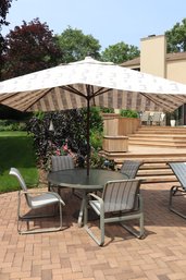 Round Glass Top Outdoor Dining Table, 4 Armchairs, & Treasure Garden Umbrella With Base