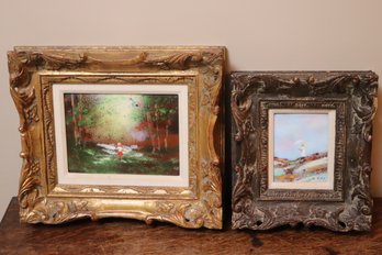 Two Signed Framed Enamel Artworks Children Playing In Elaborate Frames.