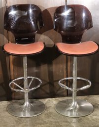 Pair Of Retro Swivel Counter/ Bar Stools With A Chrome Base And Thick Smoke Toned Lucite Back Rest