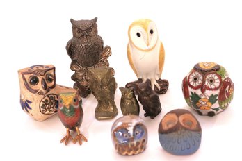 Collection Of Assorted Owl Miniatures Includes Cloisonne, Porcelain, Cast Metal Owl & More