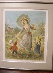 Jacques Lalande Pencil Signed Limited Edition Lithograph In Silver Frame, Of A Woman And Children In A Meado