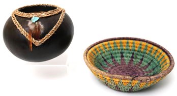Vintage Hand Carved New Mexican Gourd With A Beautiful Handwoven Bowl