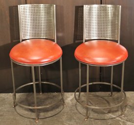 Pair Of Vintage Swivel Stools With Grid Style Backrest And A Quality Leather/ Leatherette Cushion