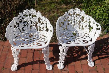Two Small Wrought Iron White Painted Victorian Side Chairs With Grape Leaf Design