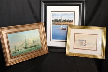 Vintage Nautical Prints Including The Samuel Lawrence Ship Picking Up A Boston Pilot, Yachts By Herreshoff-