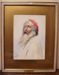 Framed Watercolor Of Bearded Man With Red Cap Signed Gianni.