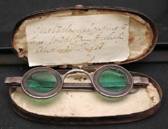 Vintage Spectacles With Green Tinted Lenses Includes A Case And Note