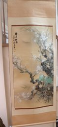 Gorgeous Hand Painted Chinese Scroll With Delicate Cherry Tree On Silk Background.