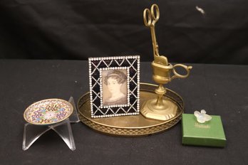 Assorted Lot Including Twos Company Crystal Photo Frame, Brass Candle Accessories, Miniature Dove Bird