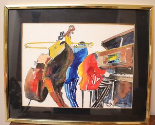 Leo Meiersdorf Watercolor Of Musicians In Gold Metal Frame