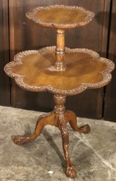 Vintage Carved Wood 2- Tiered Dumb Waiter/ Butlers Table With Claw Feet