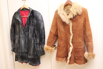 Two Vintage Ladies Jackets, Light Brown Shearling, And Grey Short Hair Leather