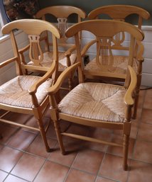 Set Of 4 Country French Woven Rush Dining Arm Chairs With Lyre Shaped Back In Overall Good Condition