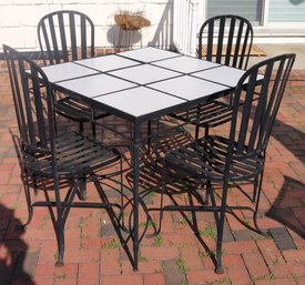 Four Wrought Iron Tall Back Outdoor Chairs And Matching Table With Tile Insert Top