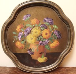 Small Textured Still Life On Board Of Gold And Purple Flowers, Signed HL Sanger.