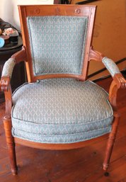 Vintage/Antique Pegged Wood Chair With Stylish Diamond Pattern Linen Fabric, Cushion And Padded Arms