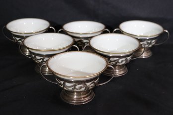 Set Of 6 Lenox White Porcelain Bouillon Cups With Sterling Silver Holders.