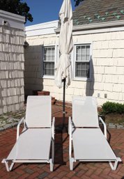 Pair Of White Mesh And Aluminum Lounge Chairs By Winston, White Umbrella