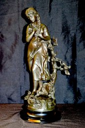 Beautiful Antique Metal Figurine Of Young Woman With Rose Titled Les Amants, By Mathurin Moreau
