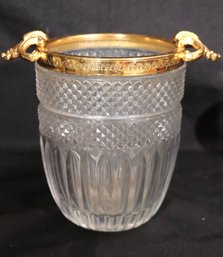 An Elegant Vintage Diamond Pattern Glass Ice Bucket With Fancy Gold Rim