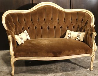 Vintage French Victorian Parlor Style Tufted Loveseat With Custom Chocolate Toned Upholstery