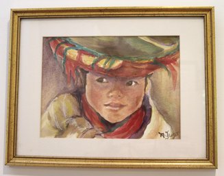 Framed Watercolor Portrait Of A Young Native Boy By M. Flores