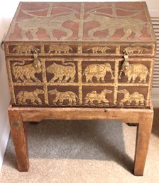 An Indian-wooden Box On Stand With Brass Animal Designs.