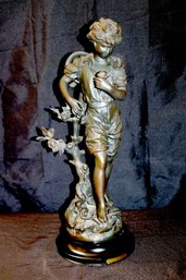 Beautiful Antique Metal Figurine Of Young Man With Rose Titled Les Amants, By Mathurin Moreau