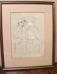 Edna Hibel Artist Edition Pencil Signed Print Of Young Lovers In A Silver Frame.