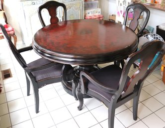 Vintage Round Cherry Wood Color, Stenciled Wood Dining Table With Four Armchairs.