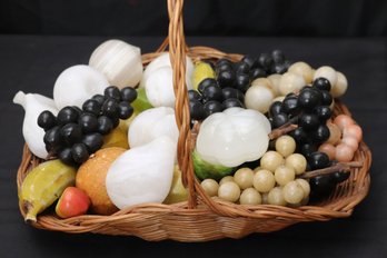 Basket Including Assorted Size Decorative Glass And Ceramic Fruits