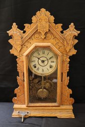 Antique Clock In Carved Wooden Case With Painted Window
