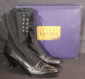 Stuart Weitzman Victorian Style Leather And Fabric Lace Up Boots S 8  B.