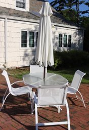Outdoor Bubble Glass Round Table, And Forearm Chairs, And White Umbrella.
