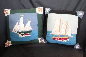 Pair Of Hand Stitched Quilted Style On Felt Nautical Sail Ship Pillows