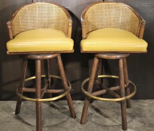 Pair Of Vintage Rattan Style Swivel Counter/bar Stools With Brass Footrest Leatherette Cushion- Mcguire Comany