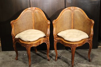 Pair Of Vintage French Louis XV Corner Chairs With Cane Back/ Seat And Carved Shell/ Floral Accents