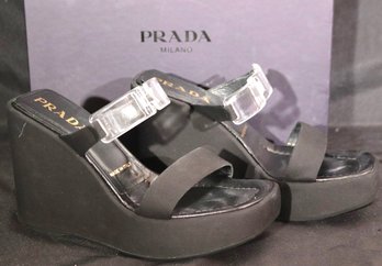 Preowned Pair, Prada Black Wedge Sandal With Lucite Strap Size 38 In Original Box.