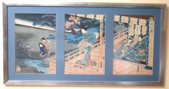 Antique Hand Colored And Signed Japanese Framed Triptych Depicting Ladies Of The Court In Nature.