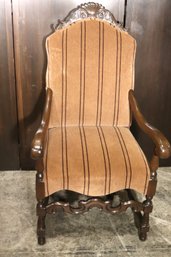 Vintage French Louis XVIII Style Custom Walnut Upholstered Carved Wood Accent Chair By Fine Arts Furniture