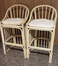 Pair Of Vintage Rattan Barstools With Tufted Pillows And Footrest