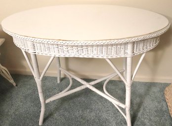 Oval Wicker Table With Milk Glass Top