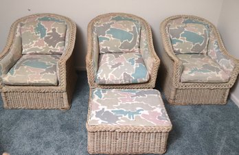 Three Vintage Rattan Armchairs With Back And Seat Cushions And Ottoman
