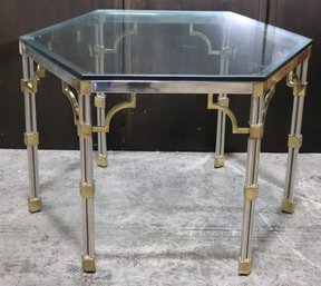 Vintage MCM Chrome And Brass Hexagonal Shaped Accent Table