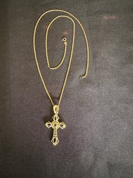 14K YG 24 INCH GUCCI STYLE LINK NECKLACE WITH FANCY CRUCIFIX PENDANT